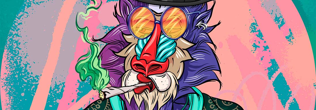 Mandrill head with purple facial hair, wearing glasses and smoking joint with green smoke