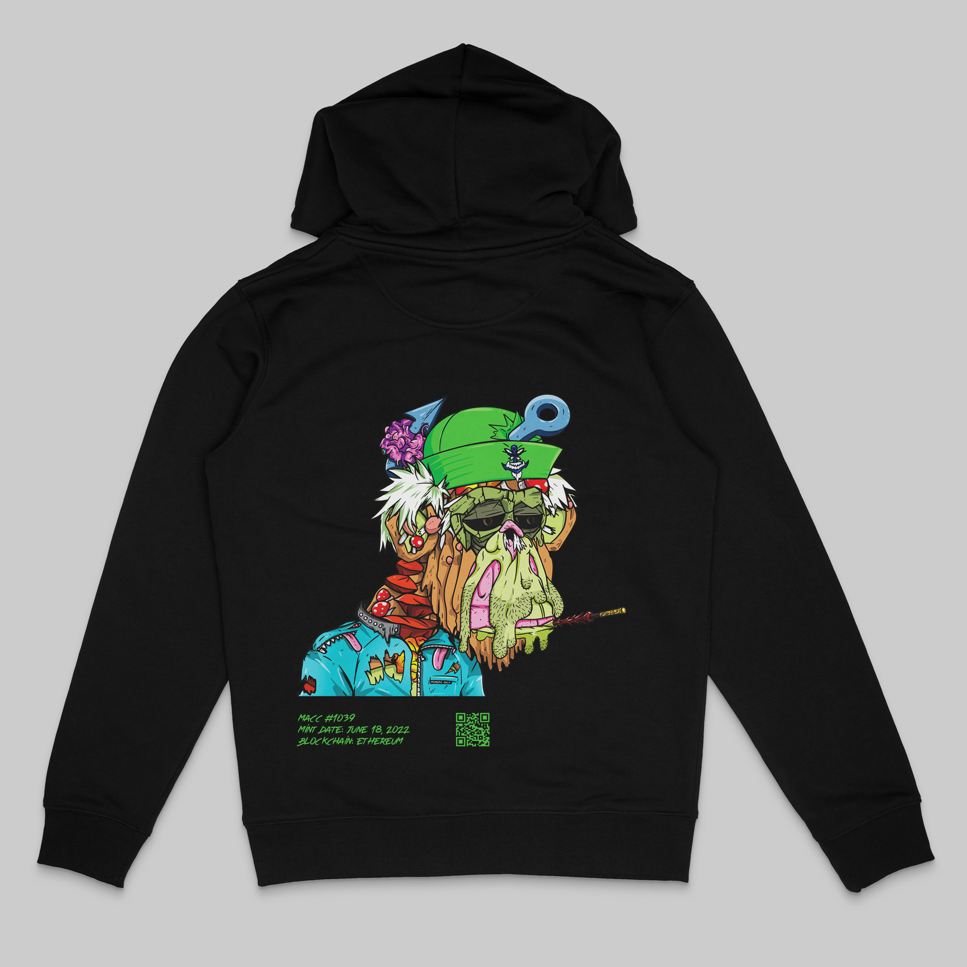 the back side of a black colored hoodie from the brand Stanley Stella with a colorful mandrill print in comic style. Blockchain information under print in green letters and QR code