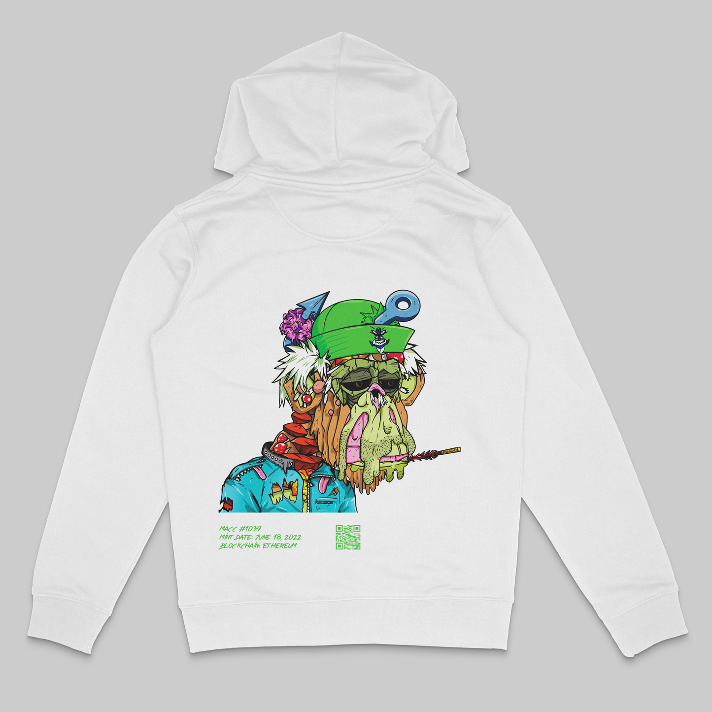 the back side of a white colored hoodie from the brand Stanley Stella with a colorful mandrill print in comic style. Blockchain information under print in green letters and QR code