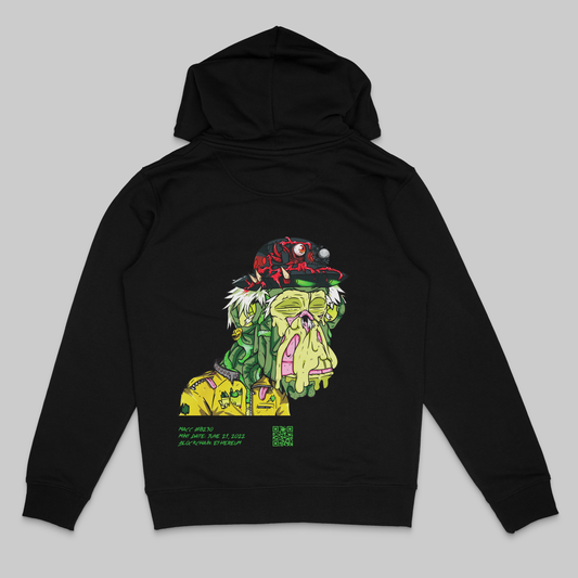 the back side of a black colored hoodie from the brand Stanley Stella with a colorful mandrill print in comic style. Blockchain information under print in green letters and QR code