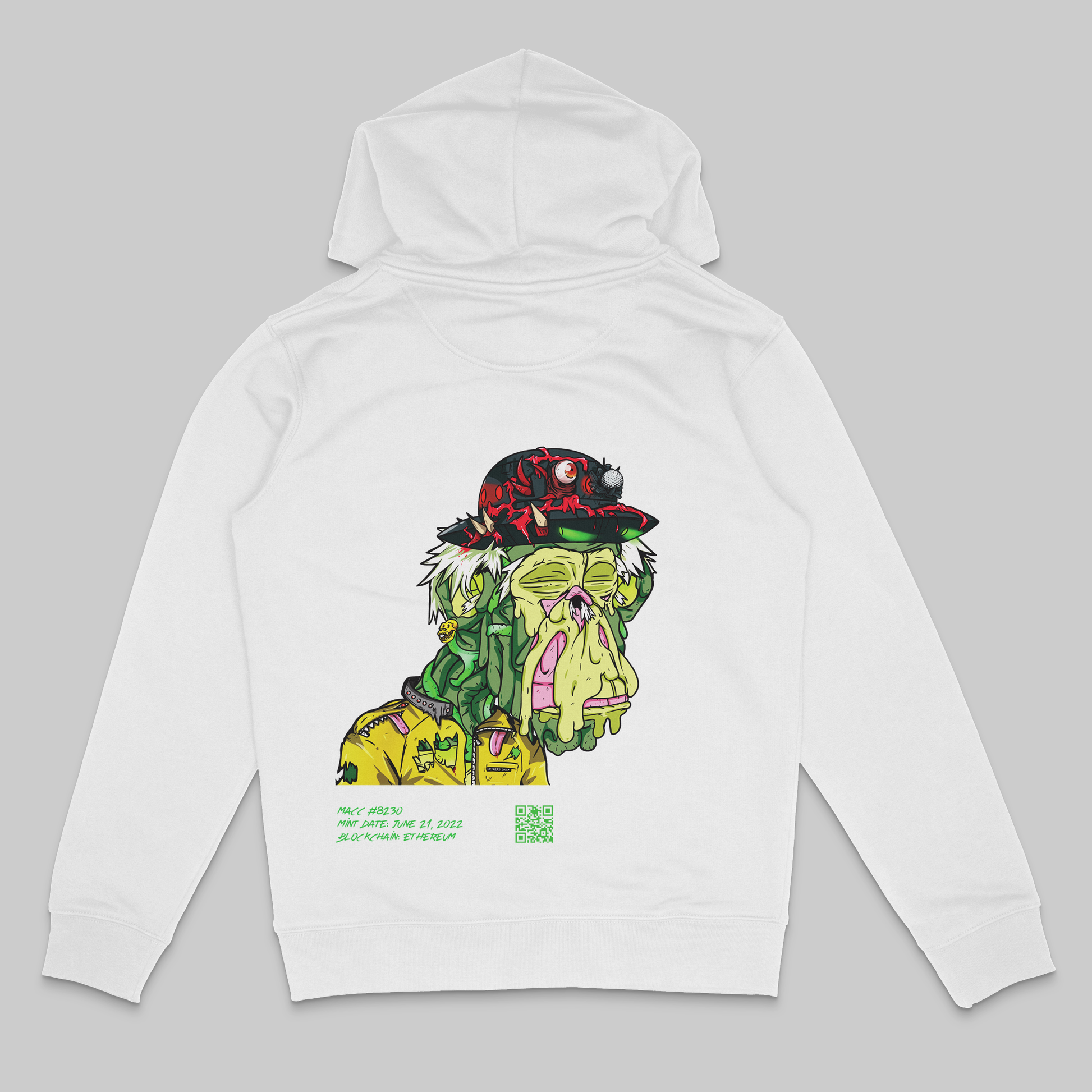 the back side of a white colored hoodie from the brand Stanley Stella with a colorful mandrill print in comic style. Blockchain information under print in green letters and QR code