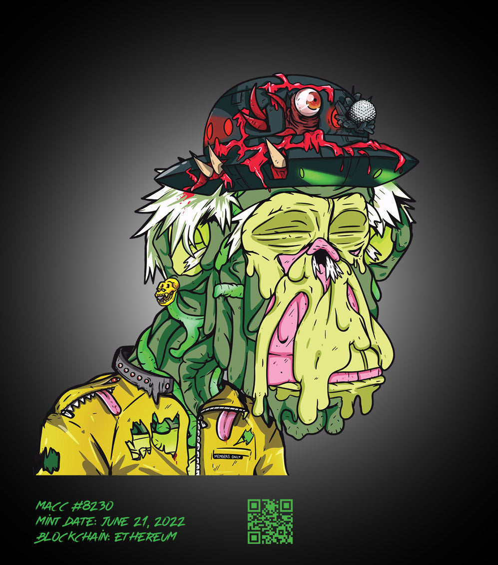 colorful comic-style picture head of an ape with a melting effect wearing a ufo looking cap with horns and eyeball on top