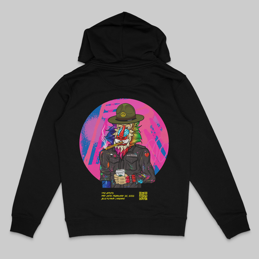 the back side of a black colored hoodie from the brand Stanley Stella with a colorful mandrill print in comic style. Blockchain information under print in yellow letters and QR code