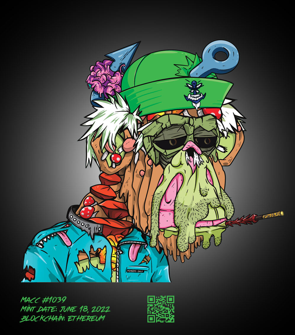 colorful comic-style picture head of an ape with a melting effect, smoking and wearing a sailors cap and brain spiked with an anchor