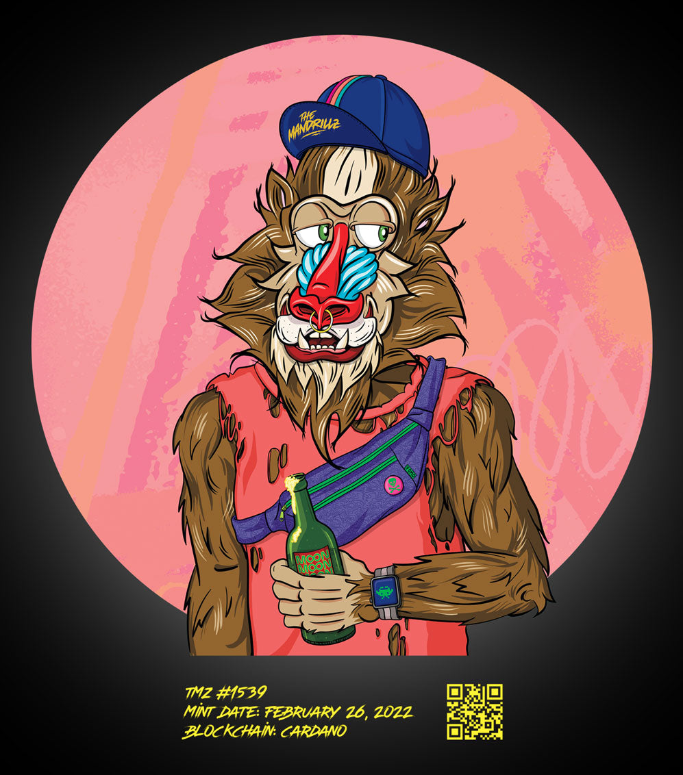 colorful comic-style picture upper body mandrill, wearing a cap, bum bag and holding a "moon" bear
