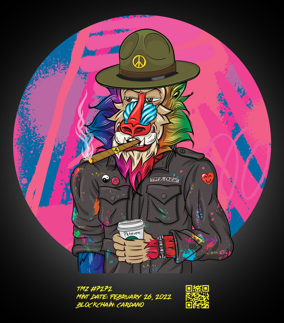 colorful comic-style picture upper body mandrill, wears a ranger hat and shirt, smoking a cigar and holding a coffee cup, rainbow facial hair and color sprinkles on his shirt