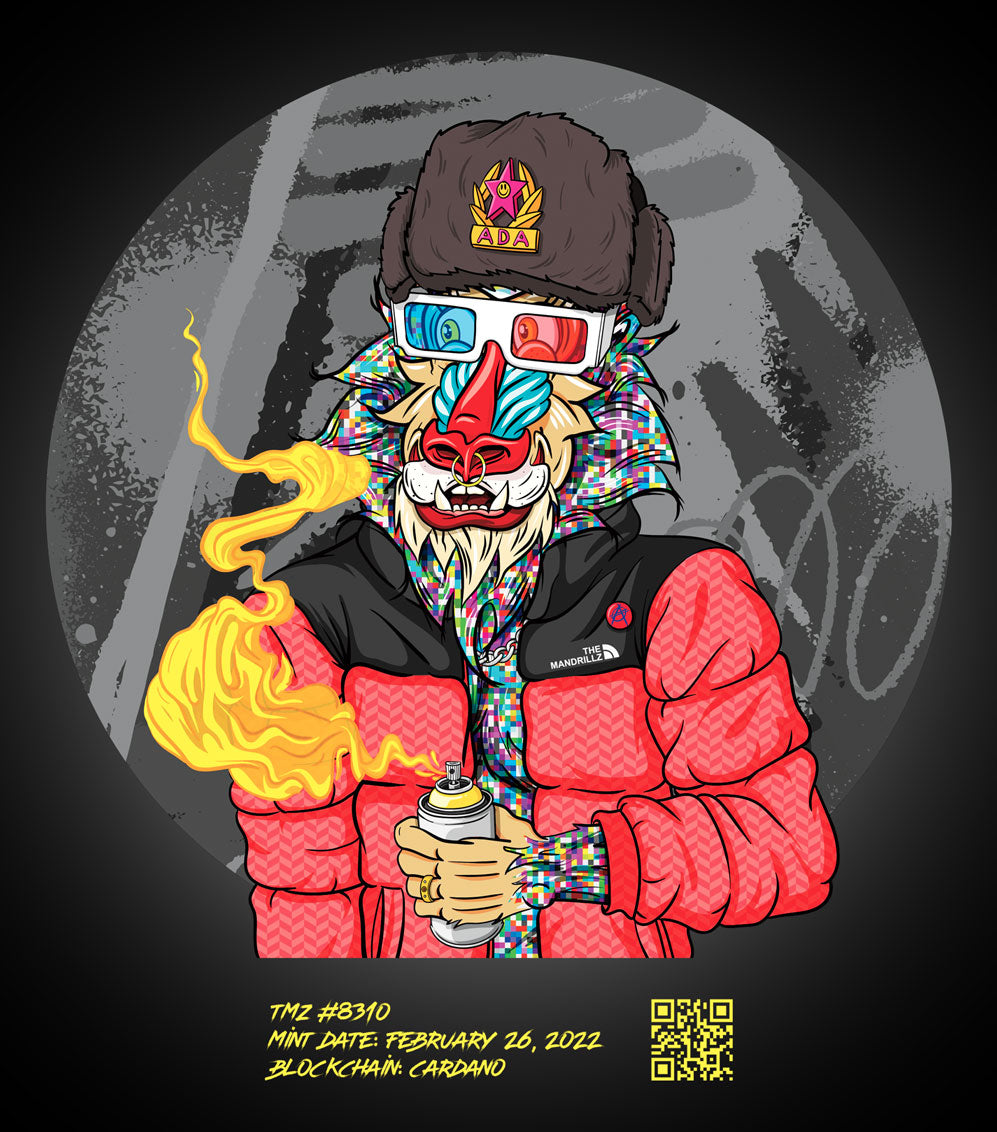 colorful comic-style picture upper body mandrill, wears a ushanka with the inscription "ADA", old school style red step jacket while holding a spray can with color cloud